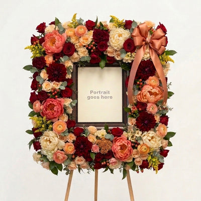Standing Portrait Sympathy Wreath with Red, Orange & Yellow Flowers