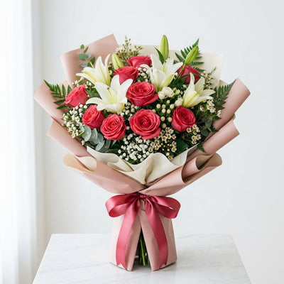 Corporate Pink Roses & White Lily Bouquet