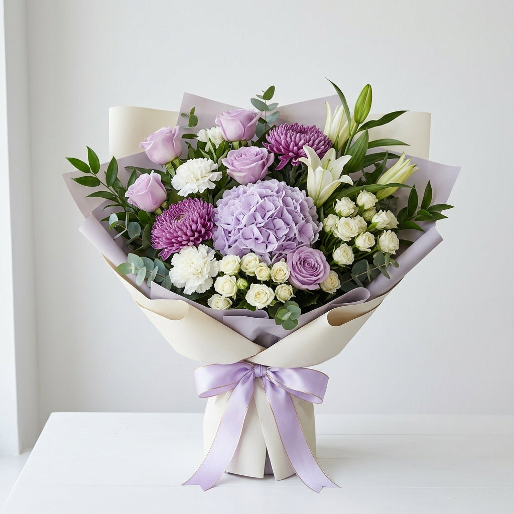 Majestic Islamic New Year Purple Roses, White Lilies & Hydrangea Bouquet