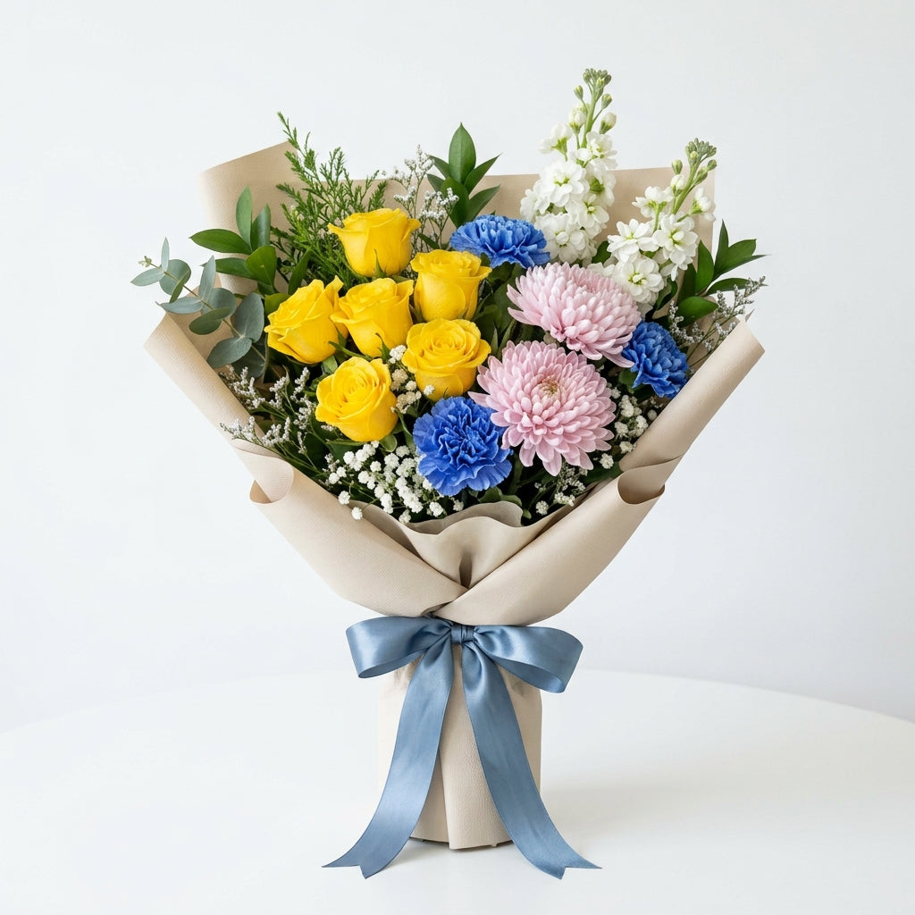 Housewarming Yellow Roses & Blue Carnation Bouquet