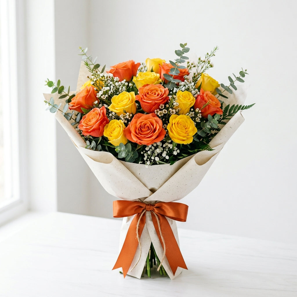 Vibrant Diwali Yellow & Orange Roses Bouquet