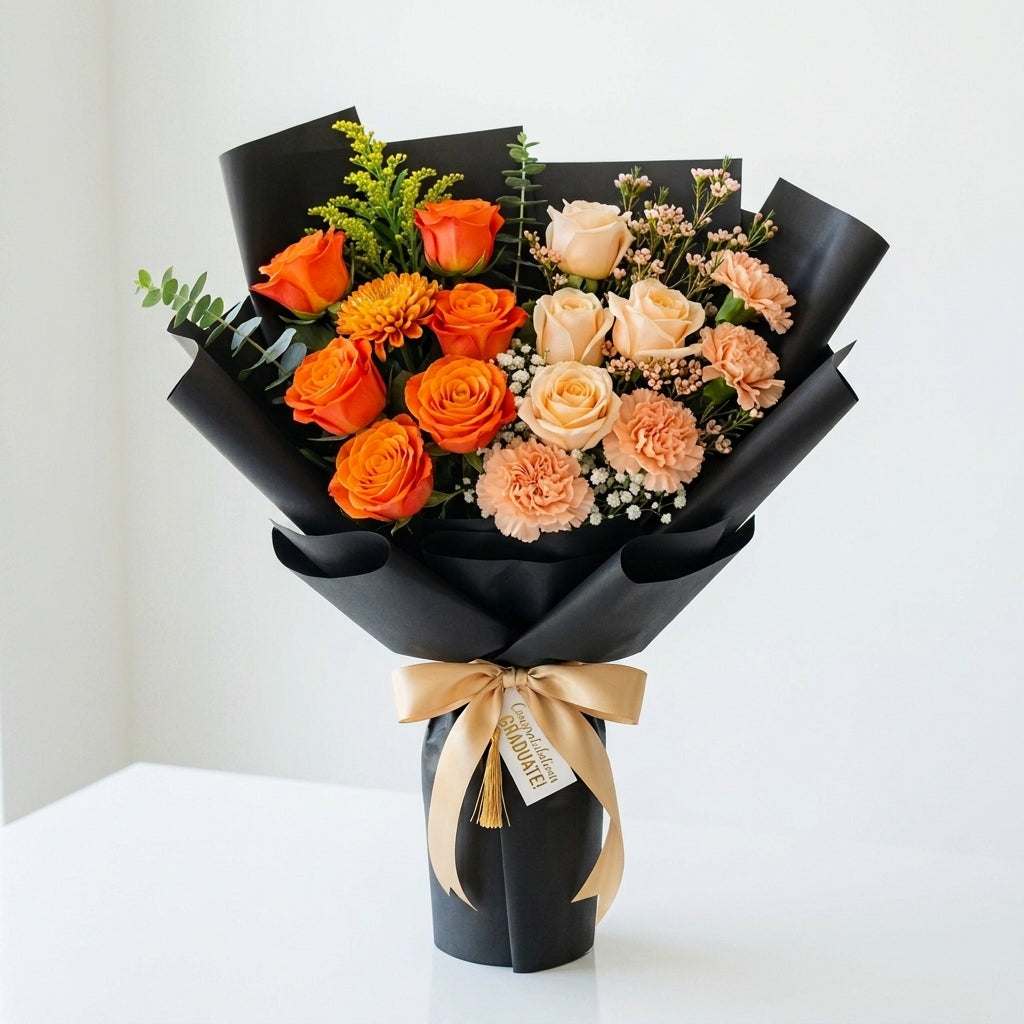 Graduation Orange & Peach Roses Congratulations Bouquet