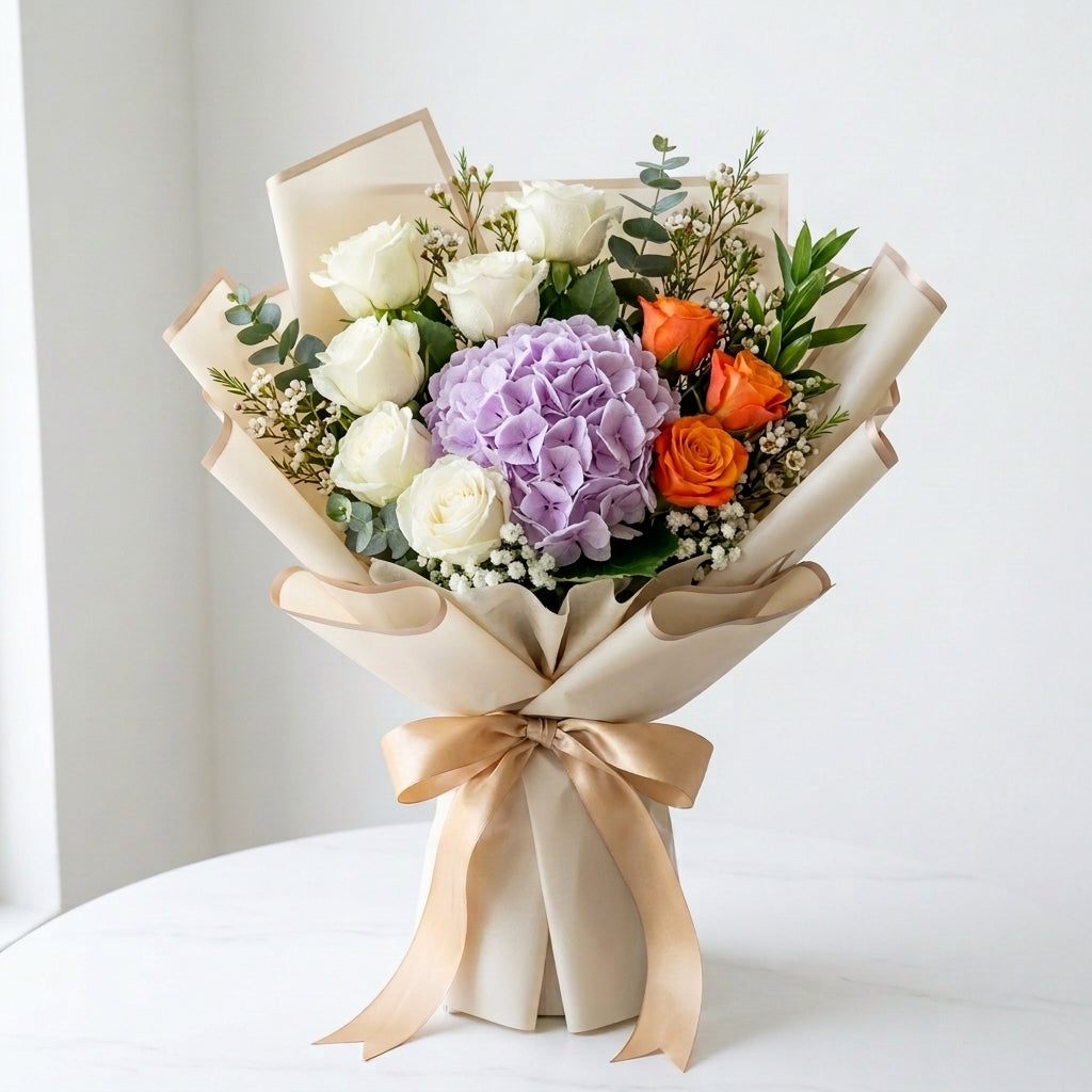 Eid Al Fitr White & Orange Roses with Purple Hydrangea Bouquet