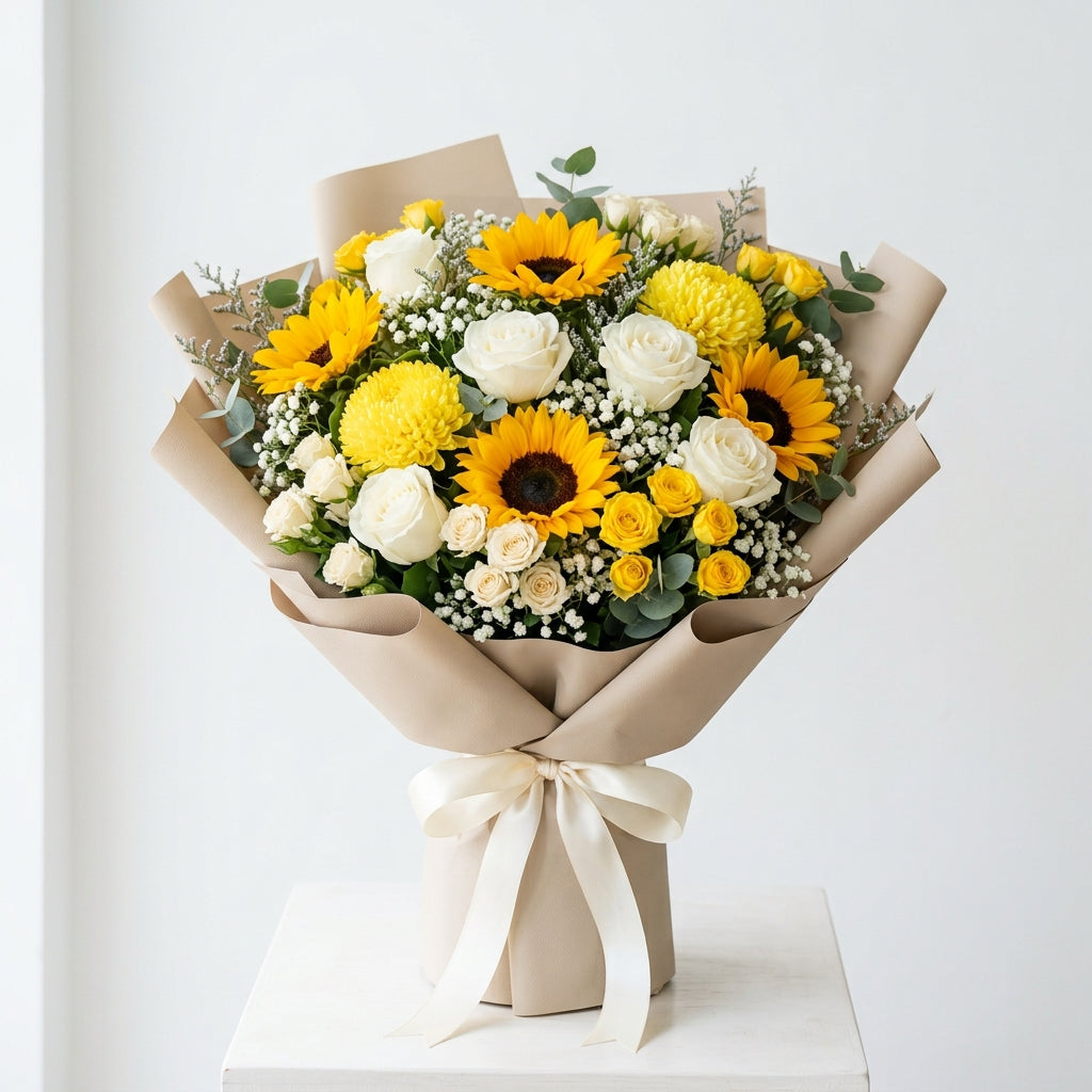 Cheerful Islamic New Year White Roses, Sunflowers & Yellow Floral Arrangement