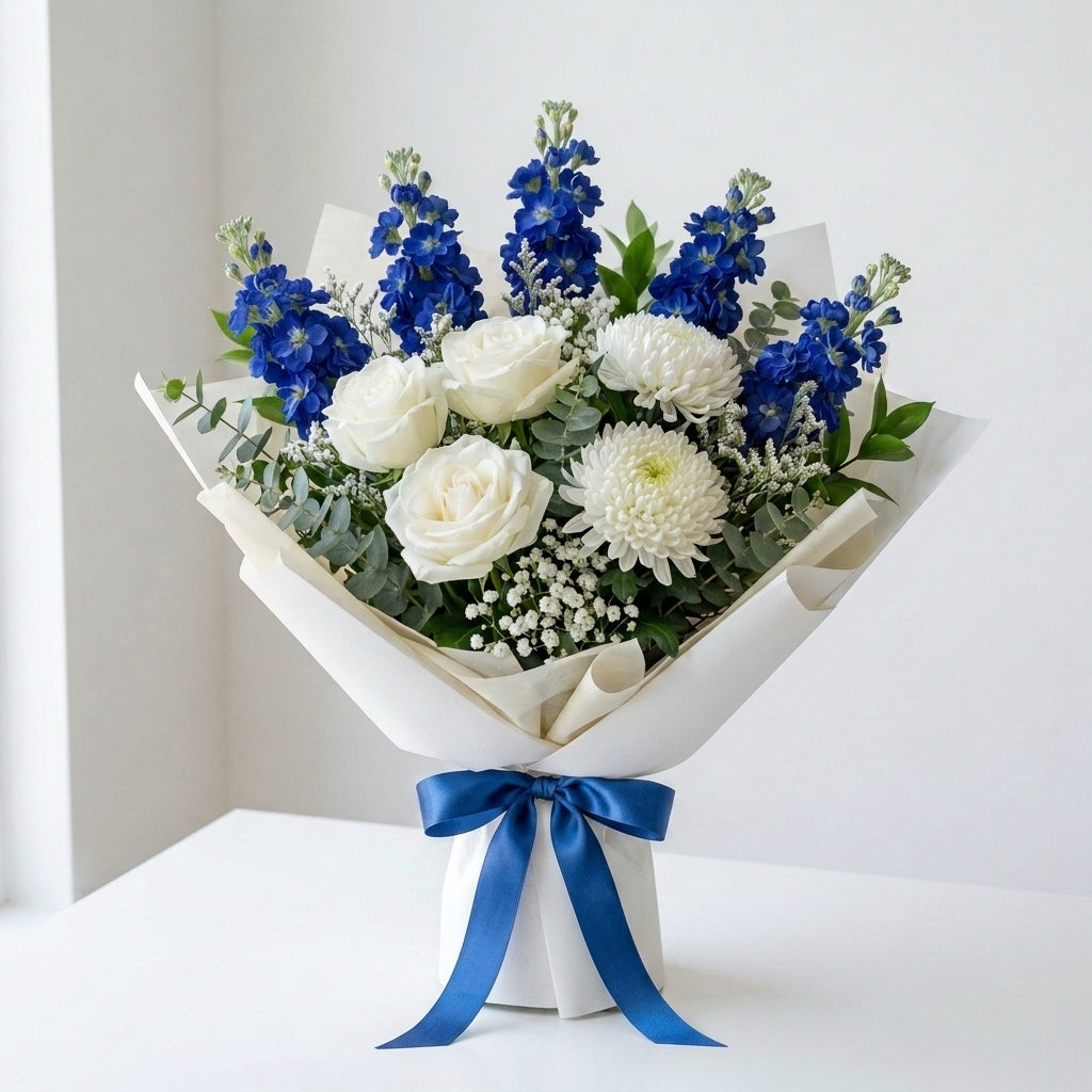 Father’s Day White Roses & Blue Matthiola Classic Bouquet
