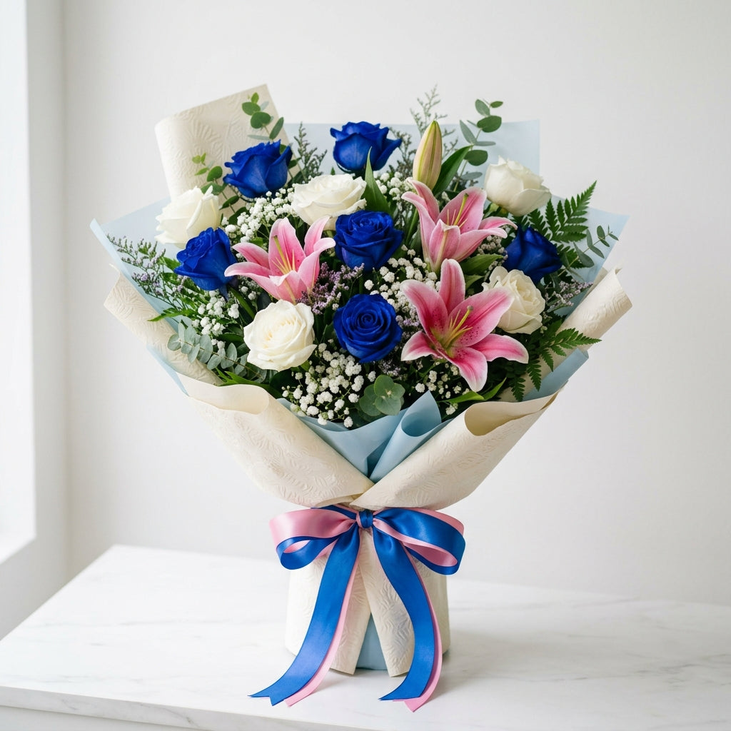 Elegant White & Blue Roses with Pink Lilies Bouquet