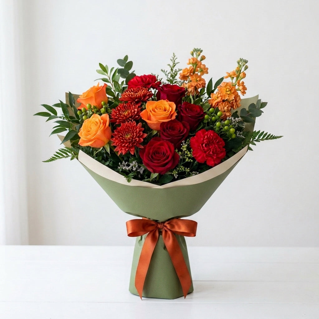 Fiery Halloween Orange & Red Roses with Chrysanthemum Bouquet