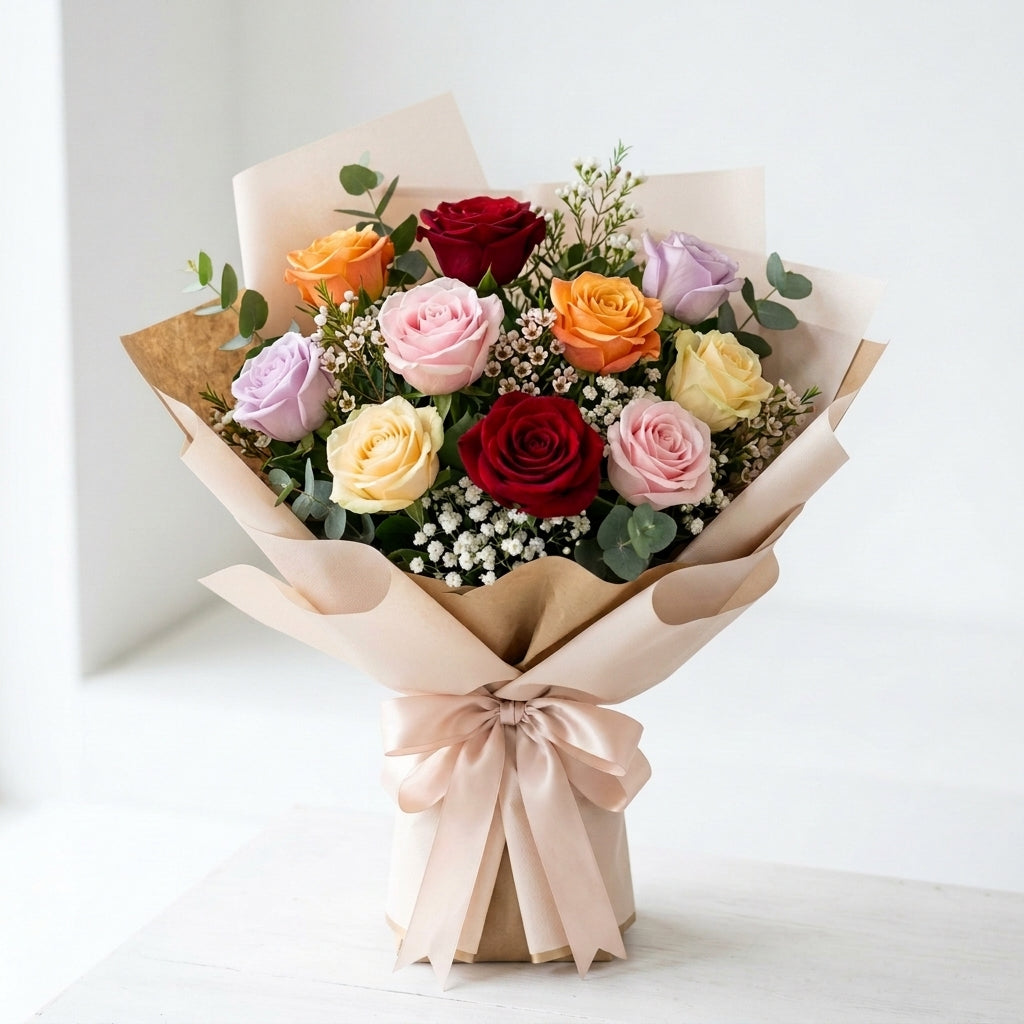 Elegant New Year Flower Bouquet with Roses, Carnations & Blue Hydrangea