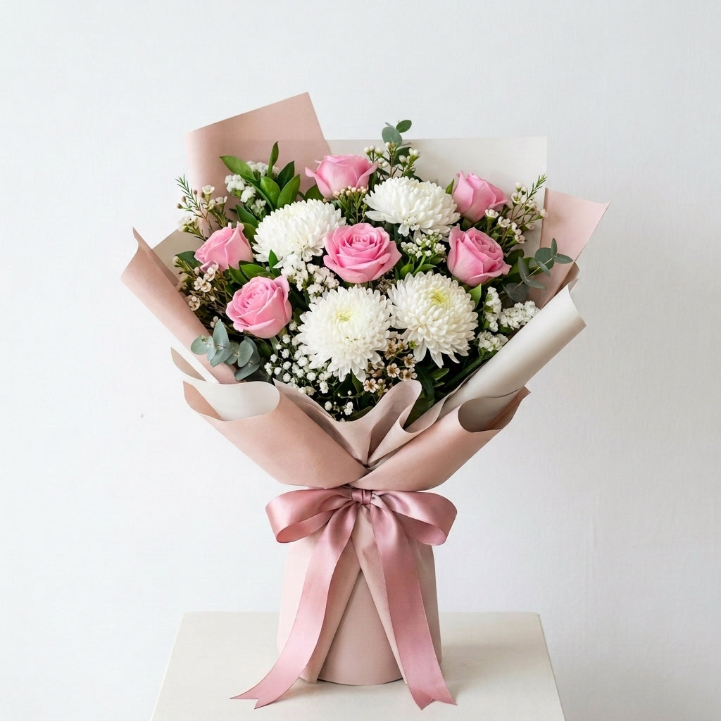 Women's Day Pink Roses & White Chrysanthemum Love Bouquet
