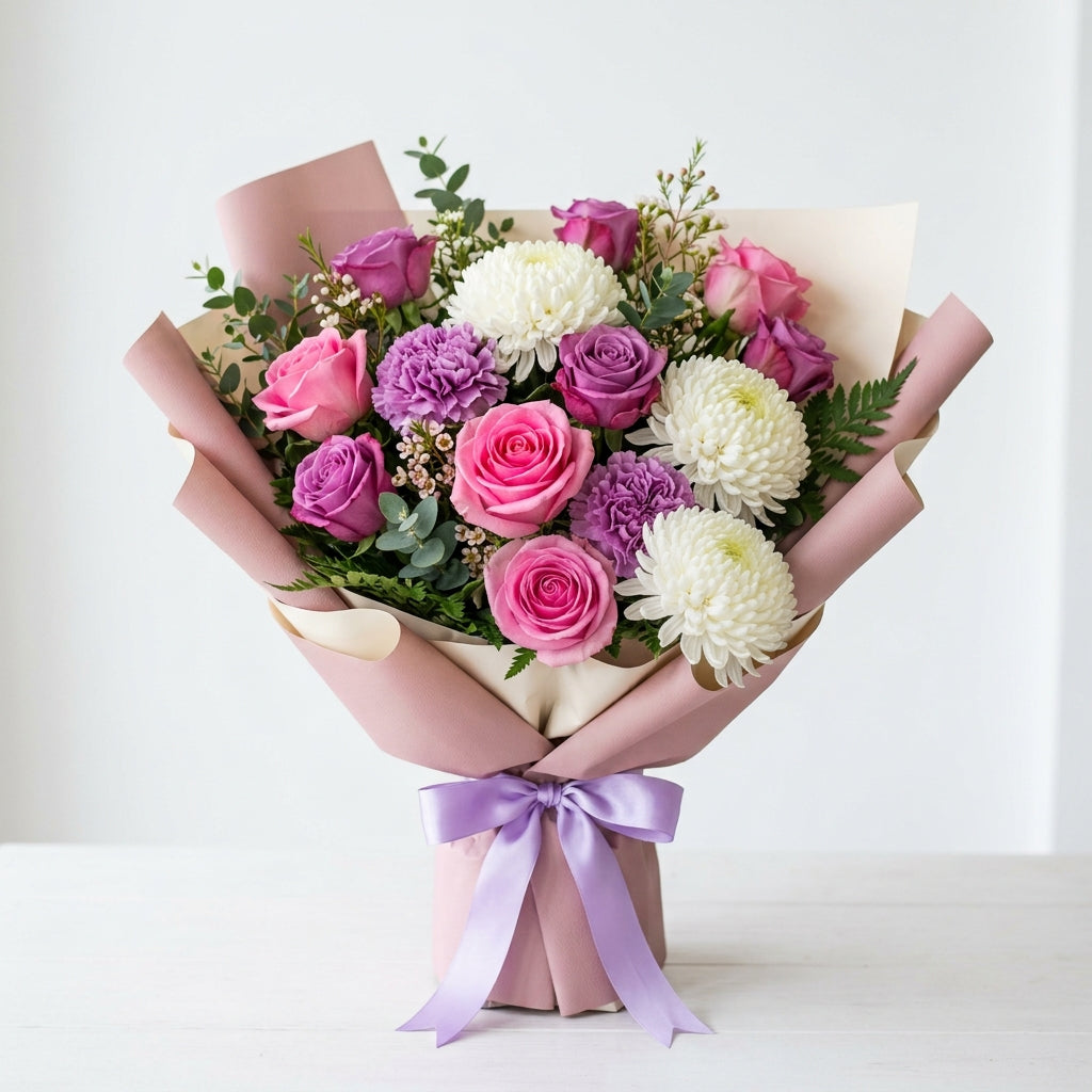 Corporate Pink & Purple Roses with Chrysanthemum Bouquet