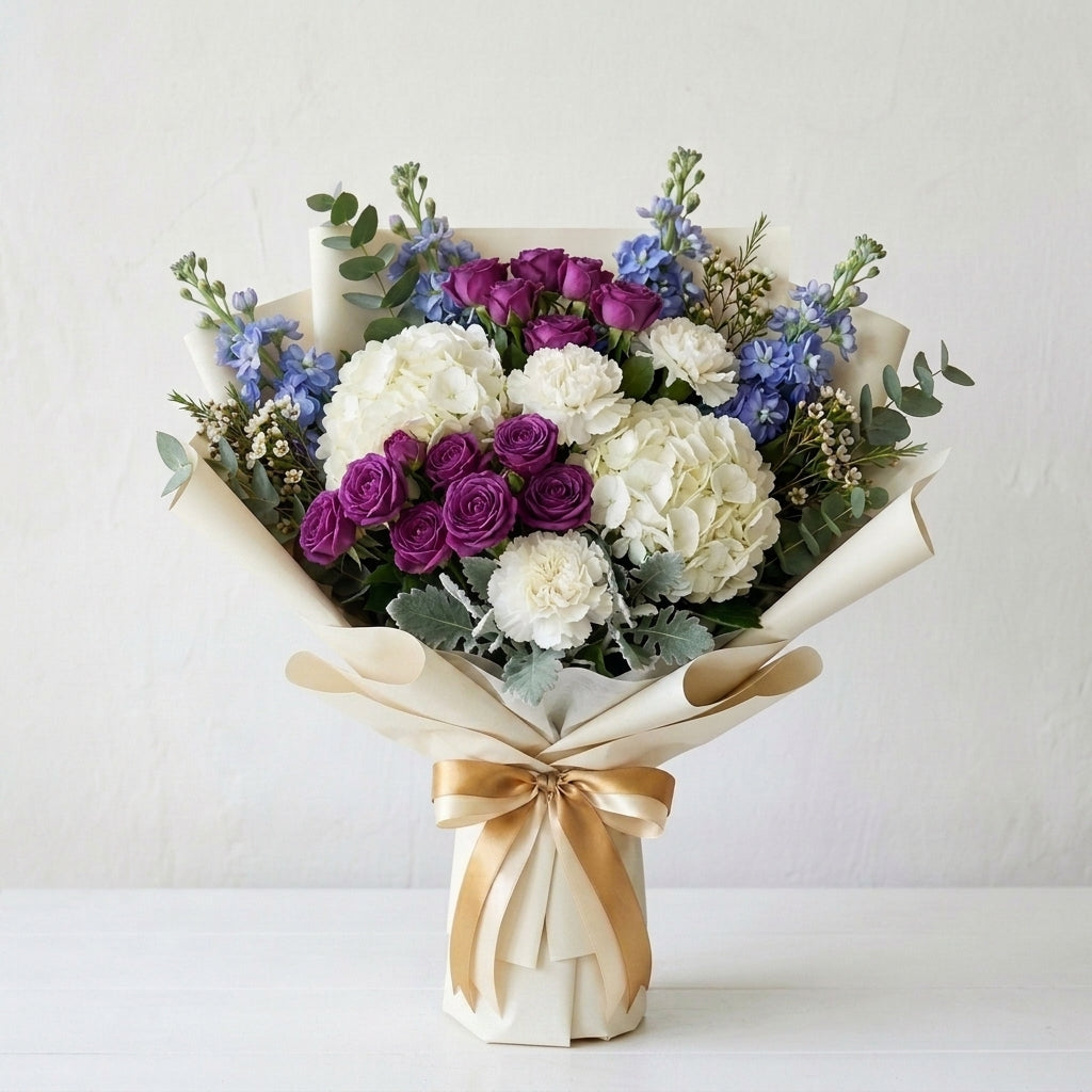Hajj Mubarak White Hydrangeas & Blue Matthiola Bouquet