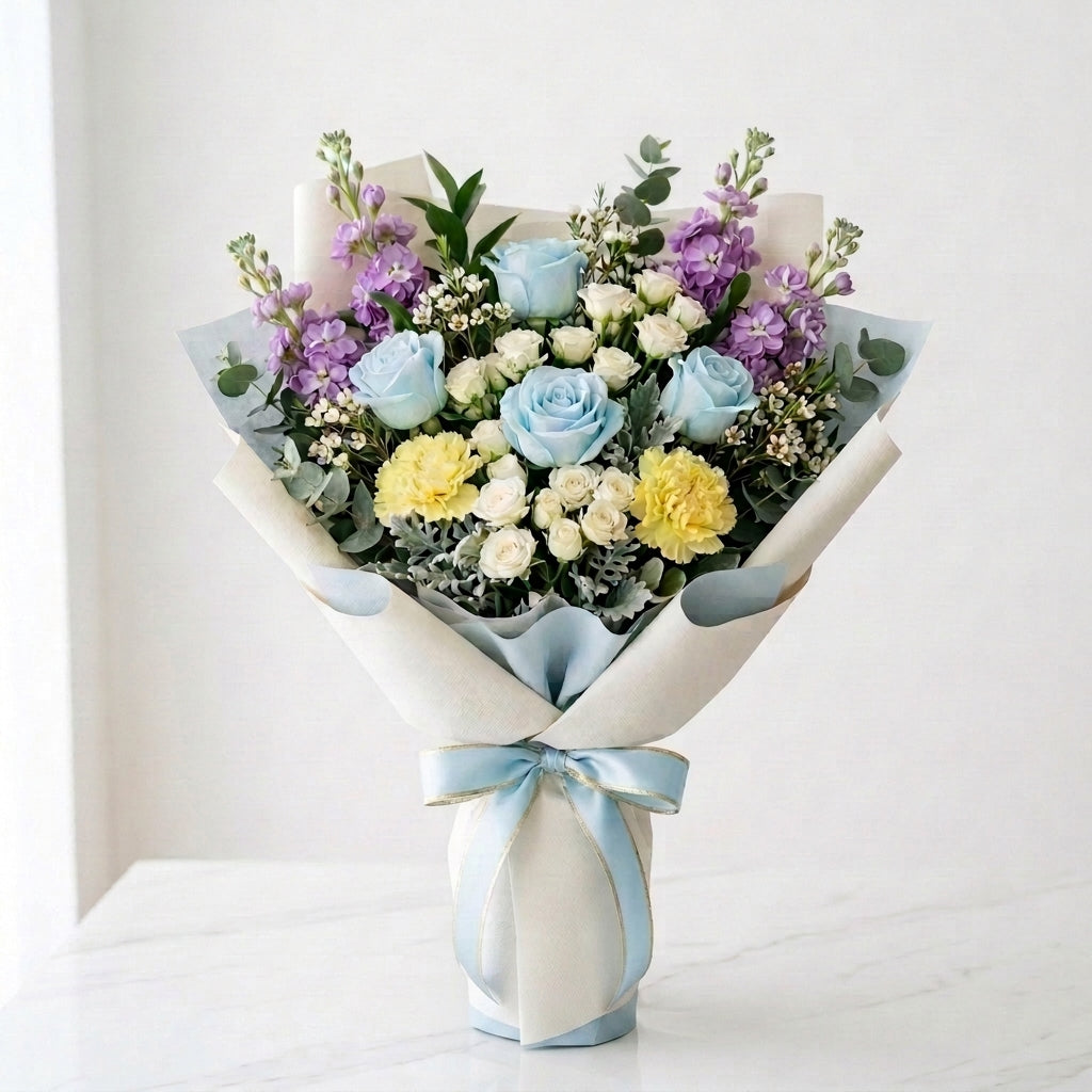 Hajj Mubarak Blue Roses & Purple Matthiola Bouquet