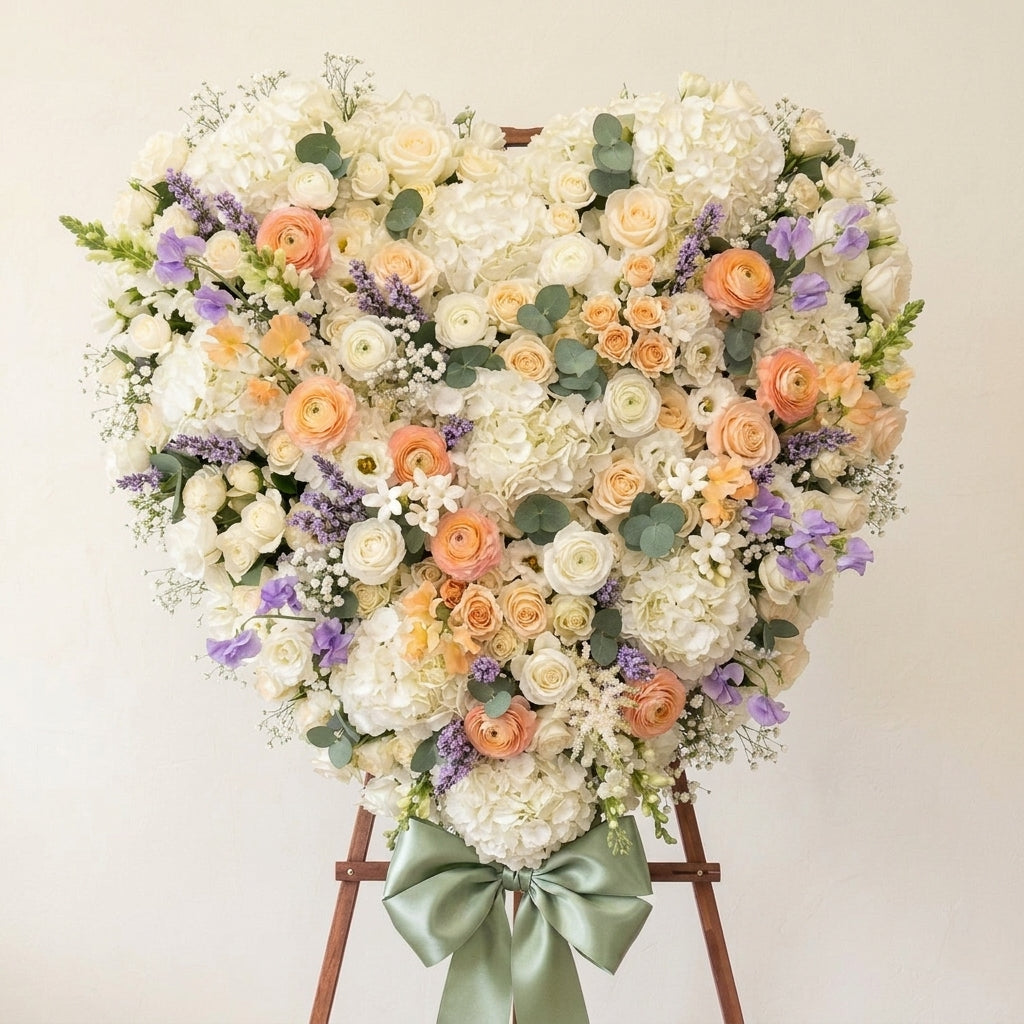 Standing Heart Sympathy Arrangement with White Hydrangeas & Peach Roses