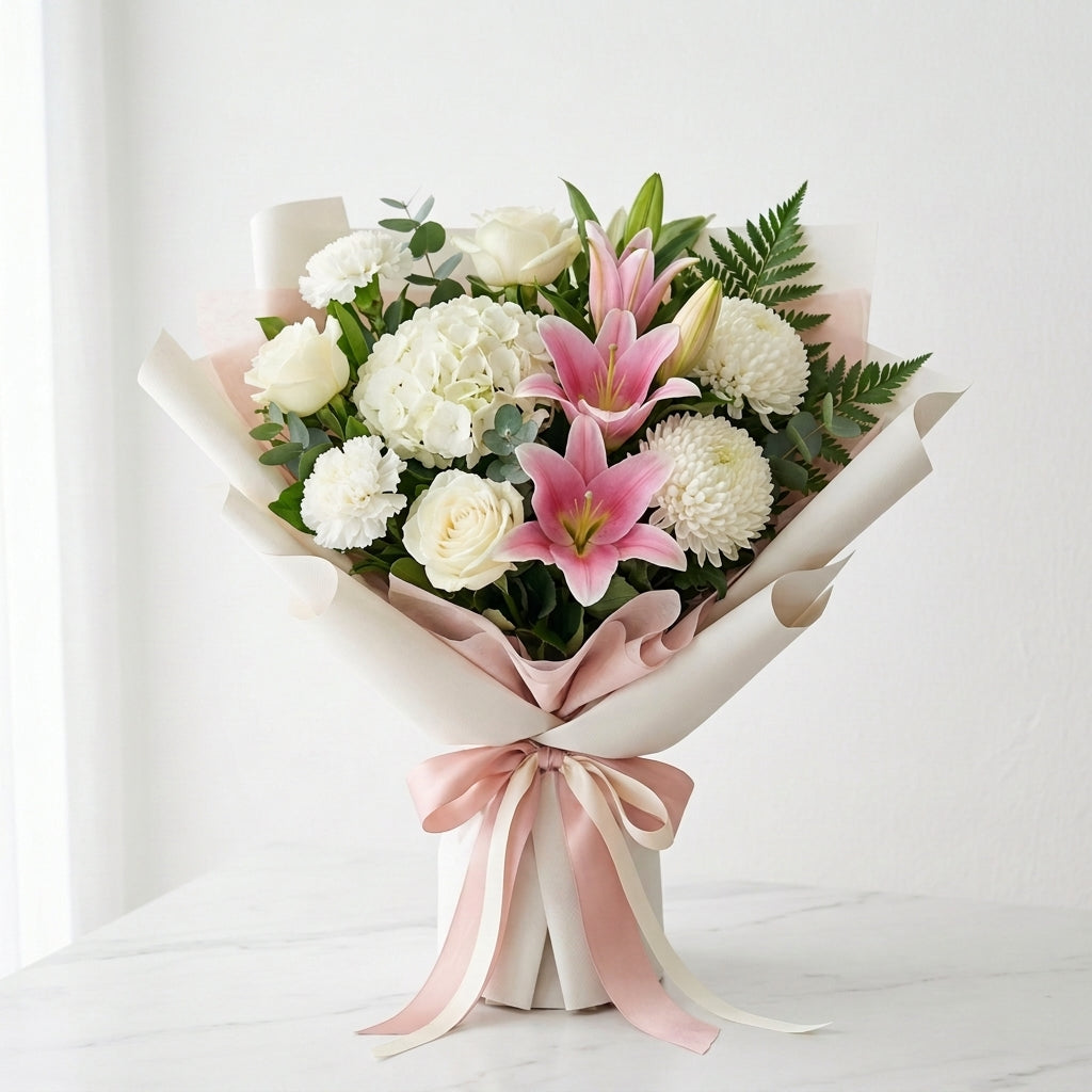 Elegant Hijri New Year White Hydrangea, Pink Lilies & White Roses Bouquet