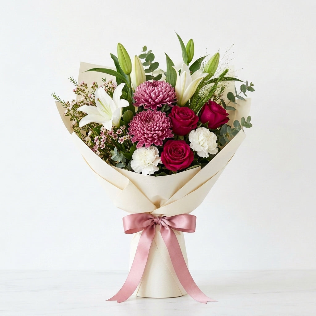 Charming Hijri New Year White Lilies, Pink Roses & Chrysanthemums Bouquet