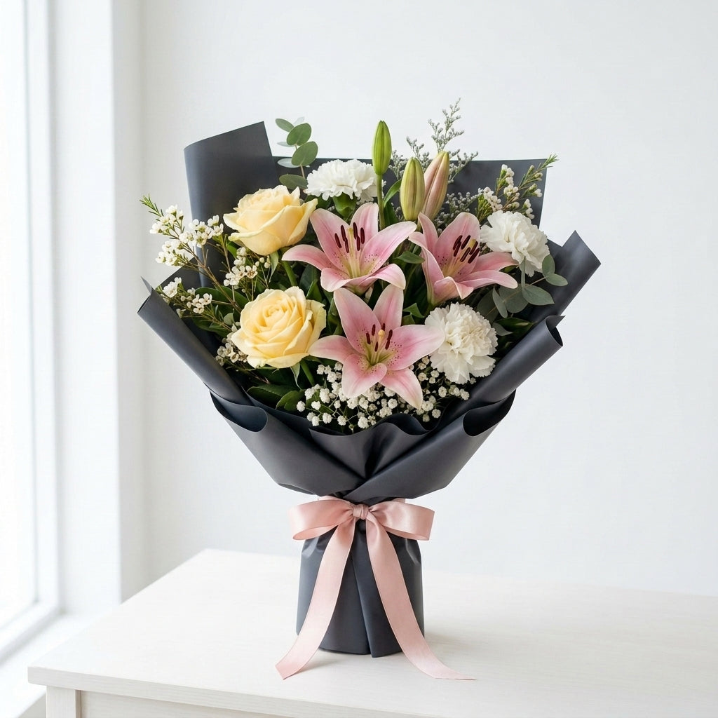 Elegant Yellow Roses & Pink Lilies Miss You Bouquet