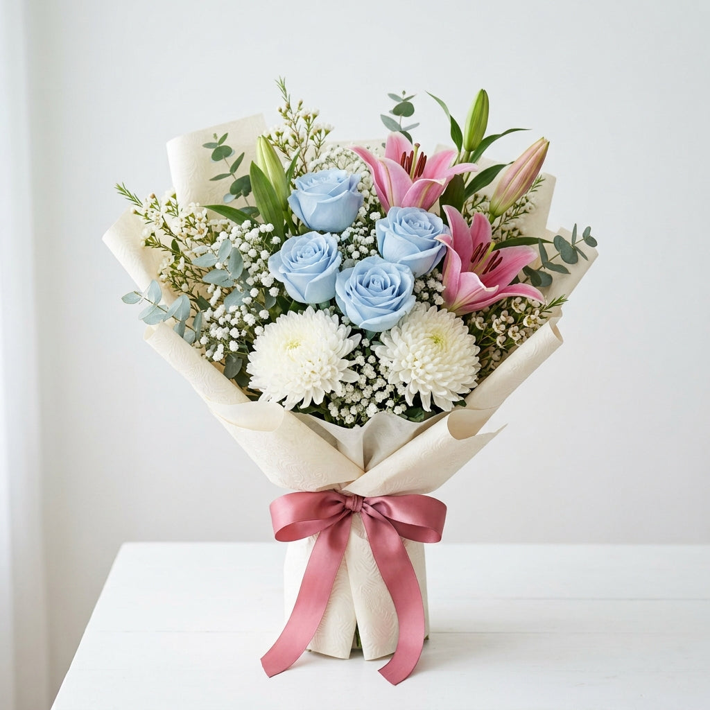 Blue Roses, Pink Lilies & White Chrysanthemums Sorry Bouquet