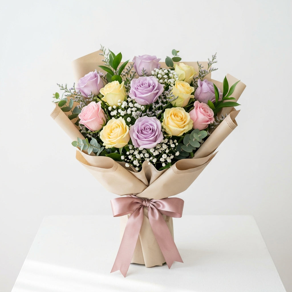 Colorful Miss You Rose Bouquet with Yellow, Pink & Purple Roses