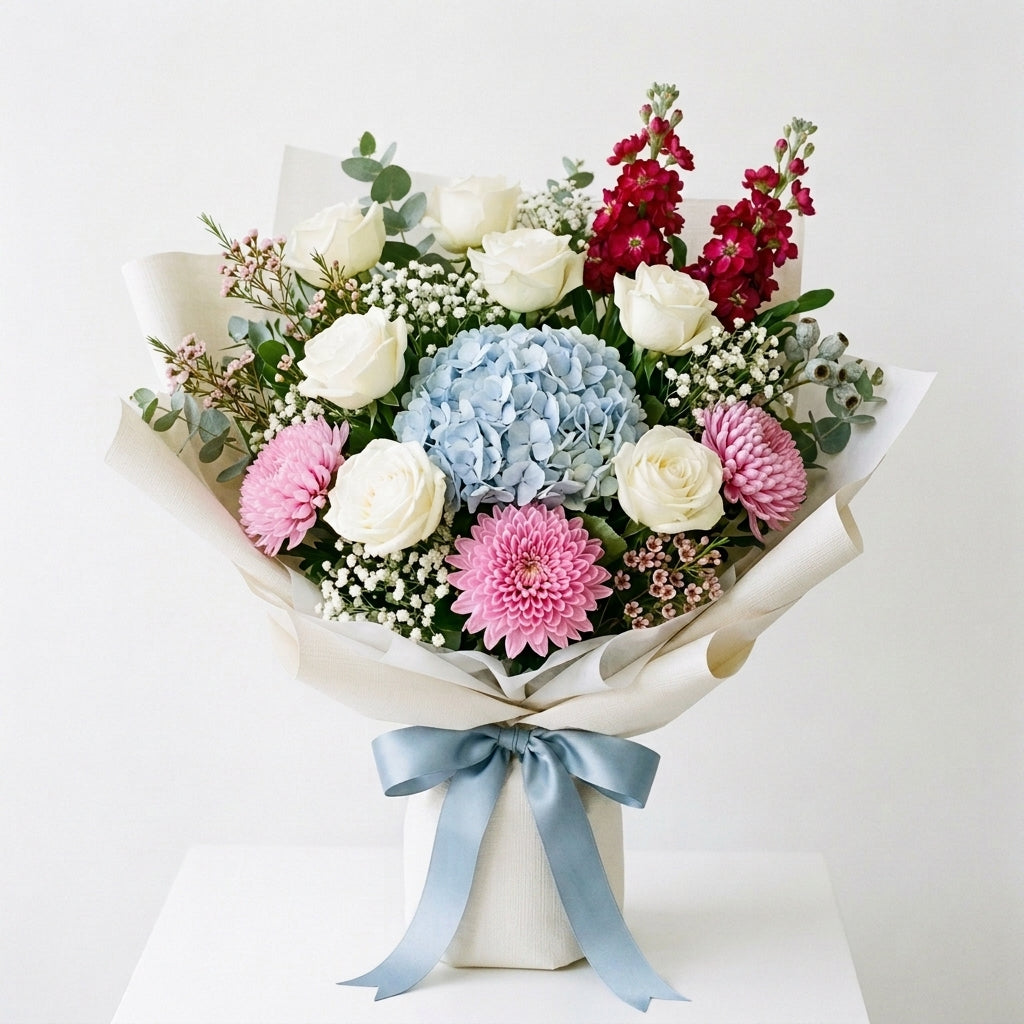 Housewarming White Roses & Blue Hydrangea Bouquet