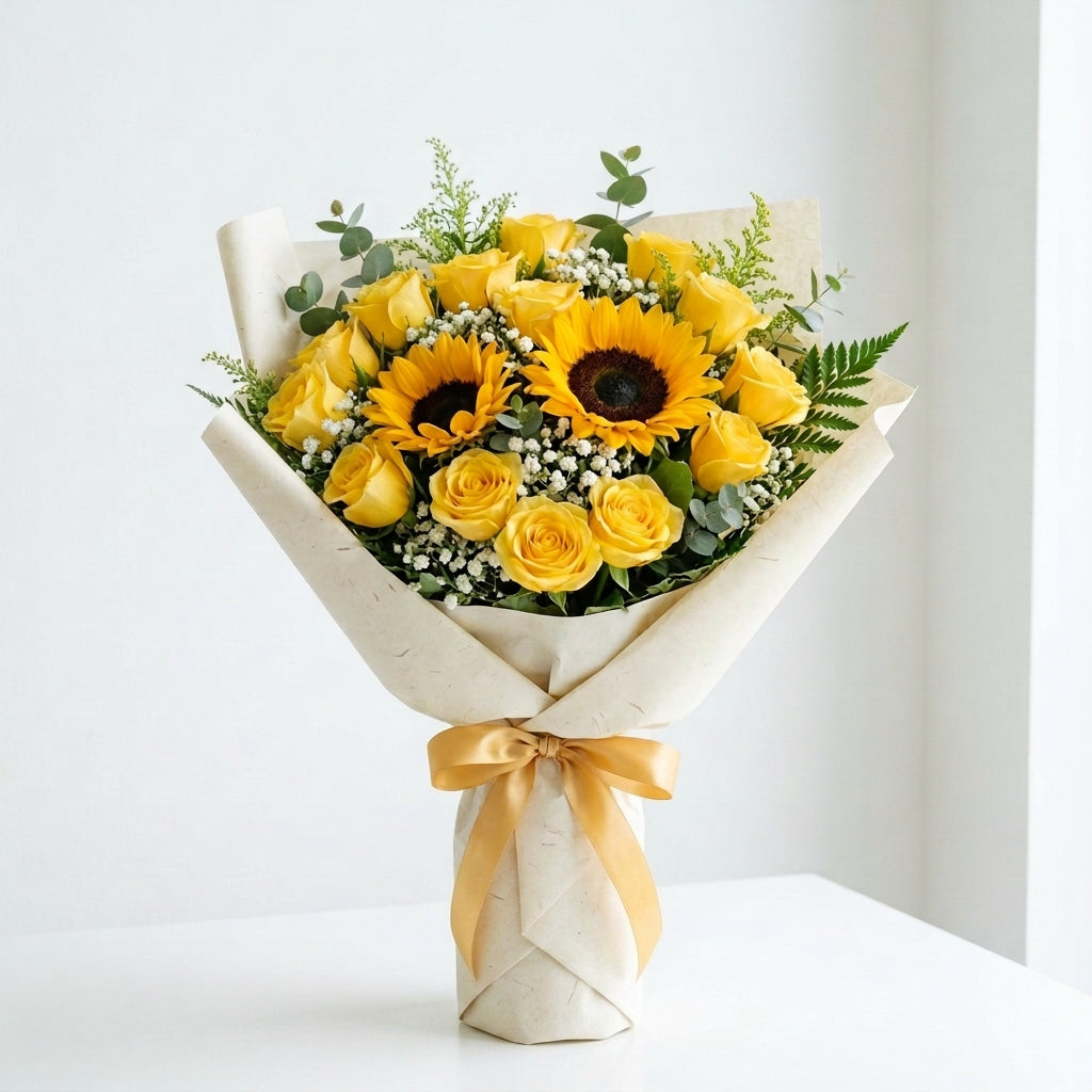 Golden Diwali Sunflowers, Yellow & Orange Roses Bouquet