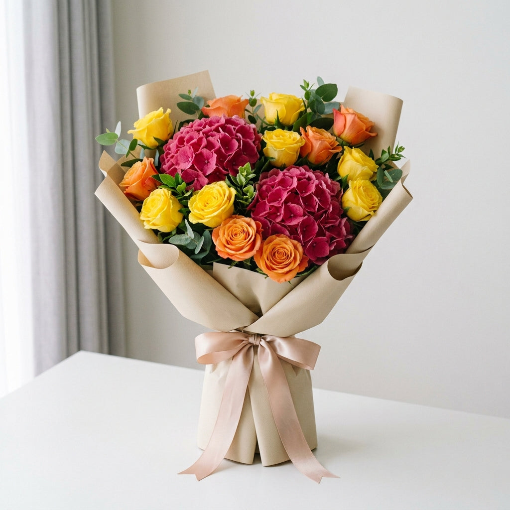 Enchanting Halloween Pink Hydrangea, Orange & Yellow Roses Bouquet