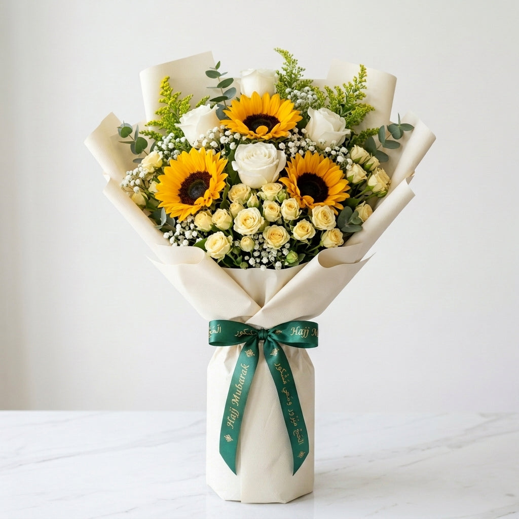 Hajj Mubarak Sunflowers & White Roses Blessing Bouquet
