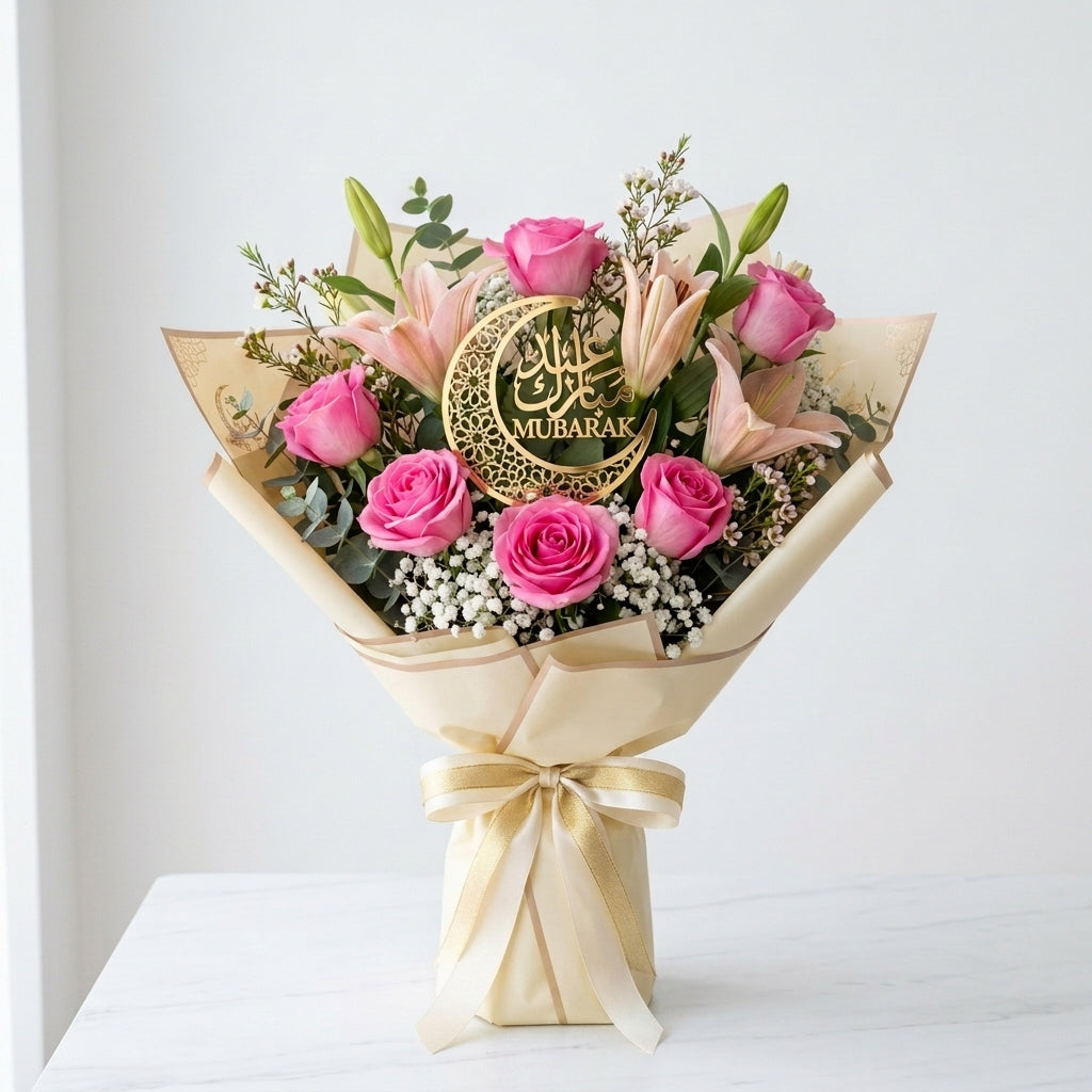 Eid Al Fitr Pink Roses & Pink Lilies Elegant Bouquet