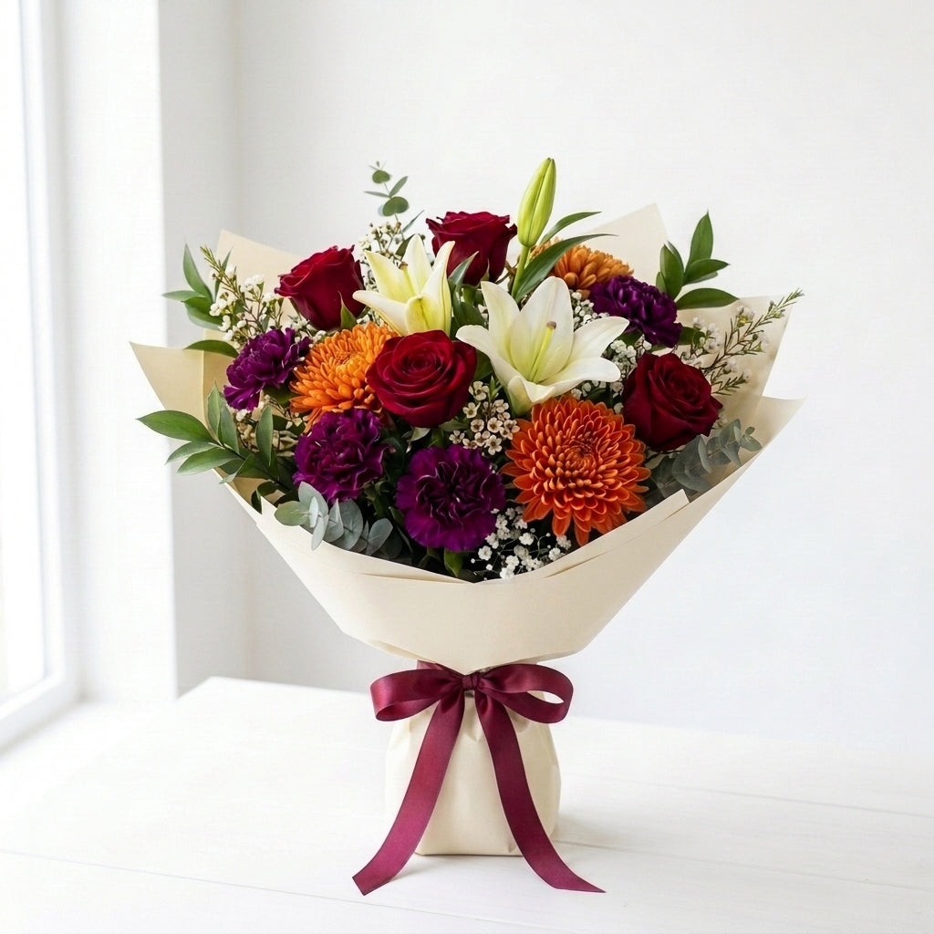 Red Roses & Purple Carnations Miss You Bouquet