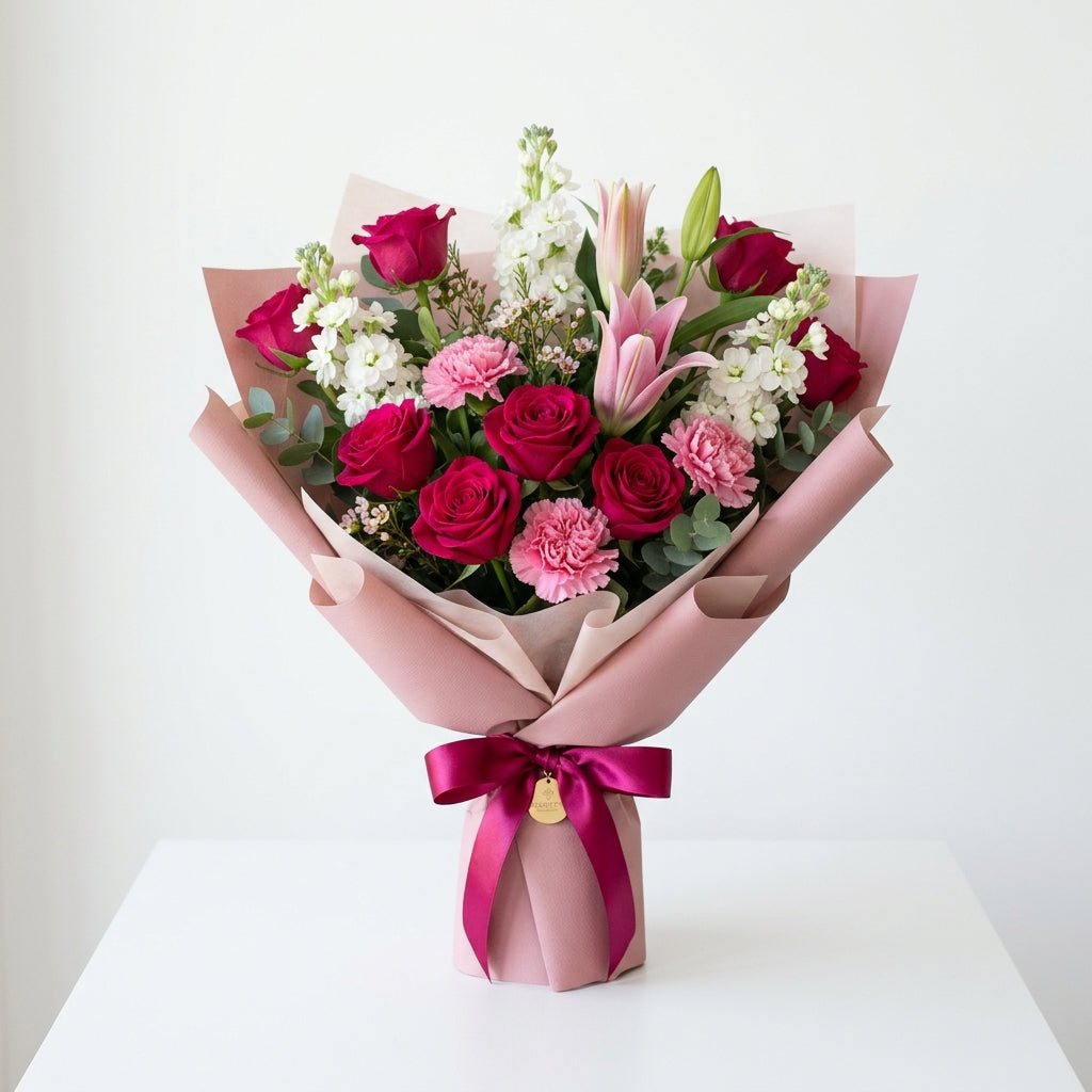 Women’s Day Pink Roses, Carnations & Lily Bouquet
