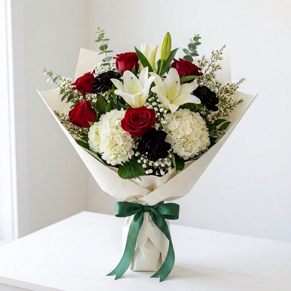 Luxurious UAE National Day Red Roses, Black Carnations & White Hydrangea Bouquet