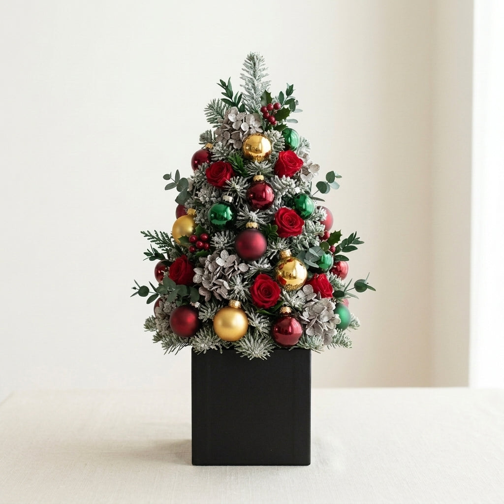Charming Small Christmas Tree with Frosted Foliage & Red Green Baubles