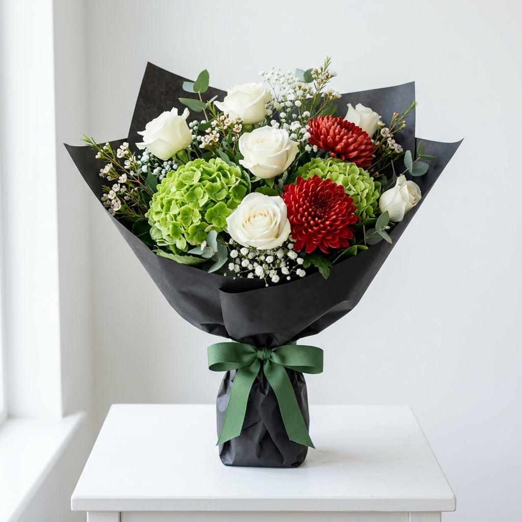Regal UAE National Day Red Chrysanthemums & White Rose Floral Arrangement