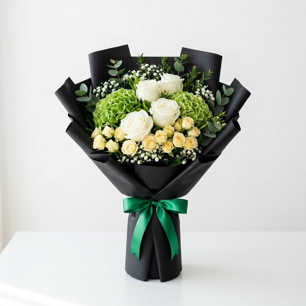 Graduation White Roses & Green Hydrangea Achievement Bouquet