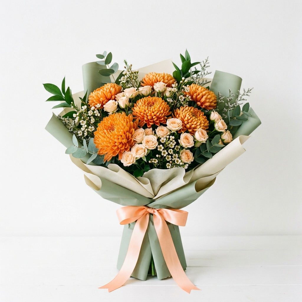 Teacher’s Day Orange Chrysanthemums & Peach Baby Roses Bouquet
