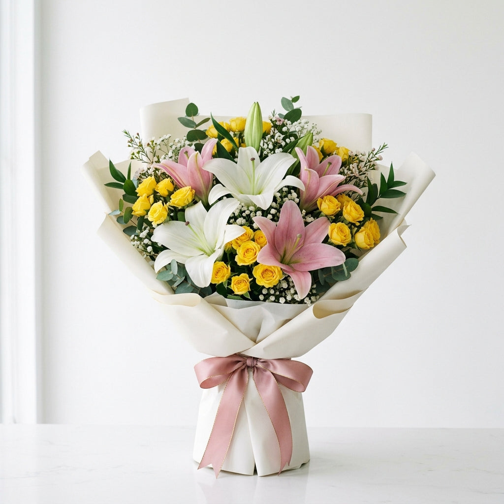 Corporate Pink Lilies & Yellow Baby Roses Bouquet