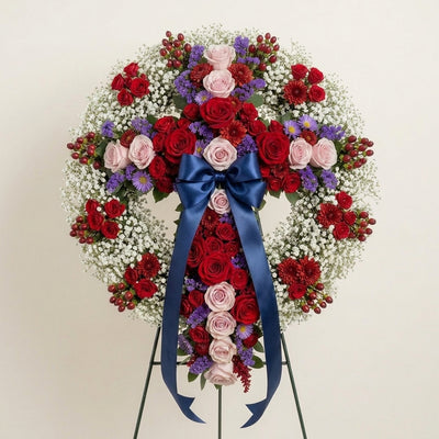 Red, White & Blue Funeral Cross Wreath Tribute