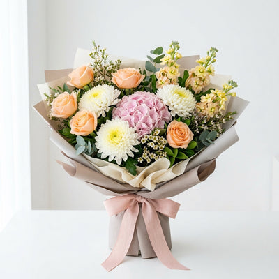 Corporate Peach Roses, Chrysanthemum & Matthiola Bouquet