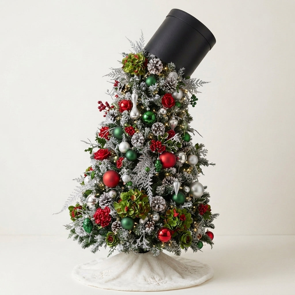 Magical Snow-Flocked Christmas Tree with Festive Top Hat