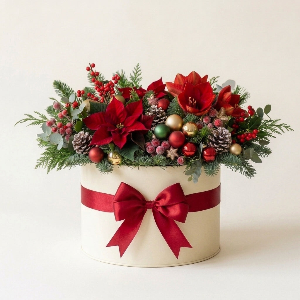 Snowy Christmas White Poinsettia Flower Box with Red Ribbon