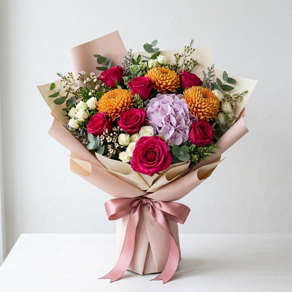 Women's Day Pink Roses & Hydrangea Mixed Flower Bouquet