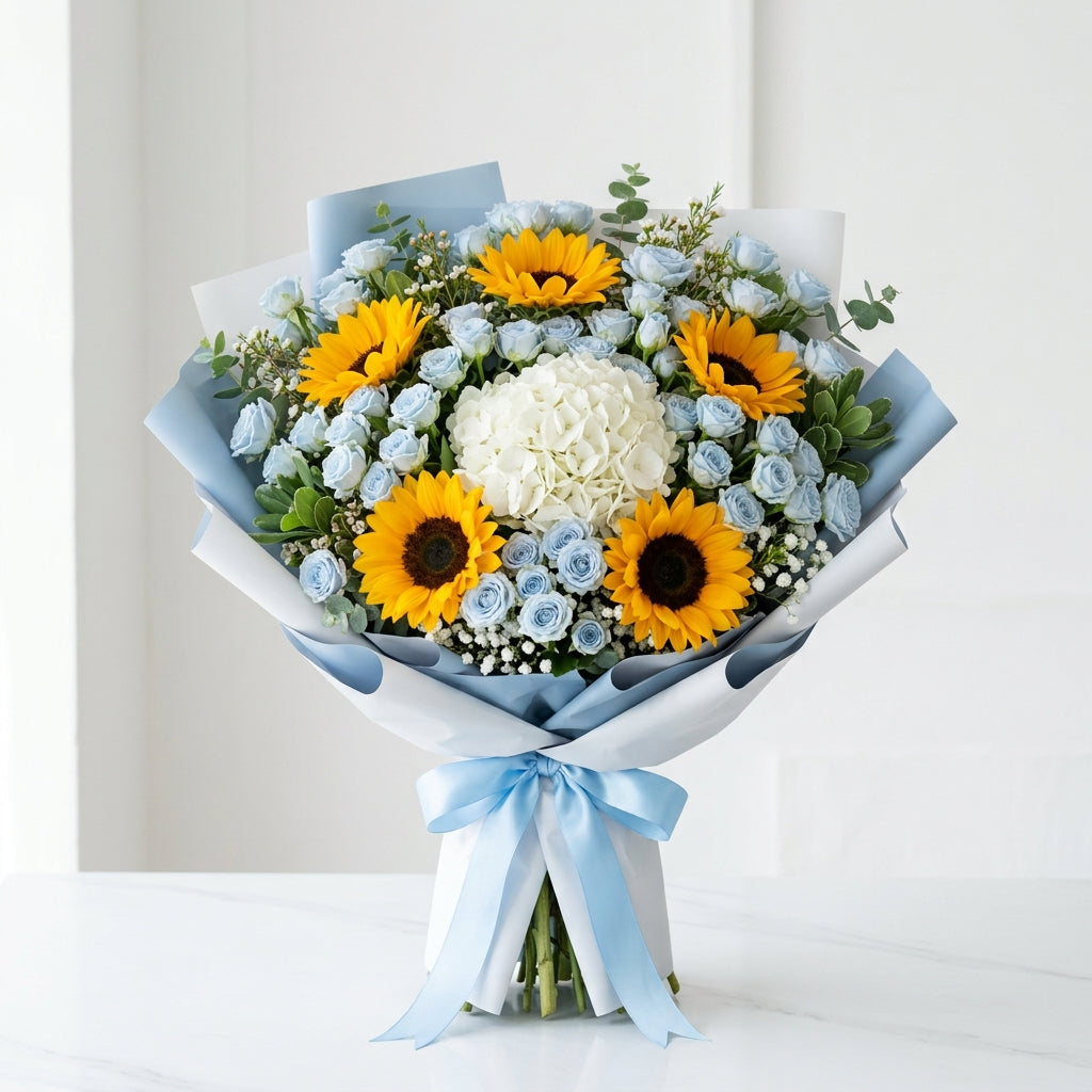 Housewarming Sunflower & Blue Baby Roses Bouquet
