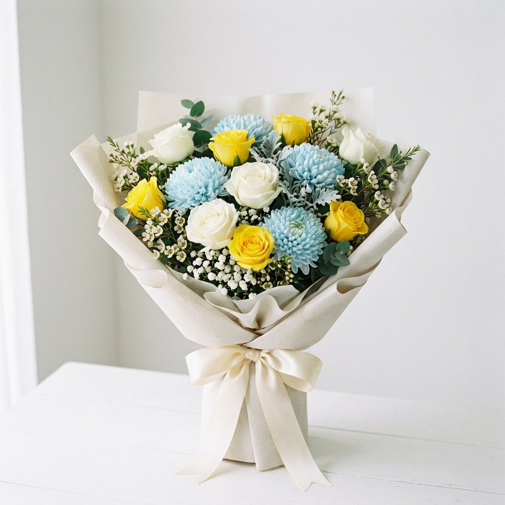 Teacher’s Day Sunshine Roses & Blue Chrysanthemum Floral Arrangement