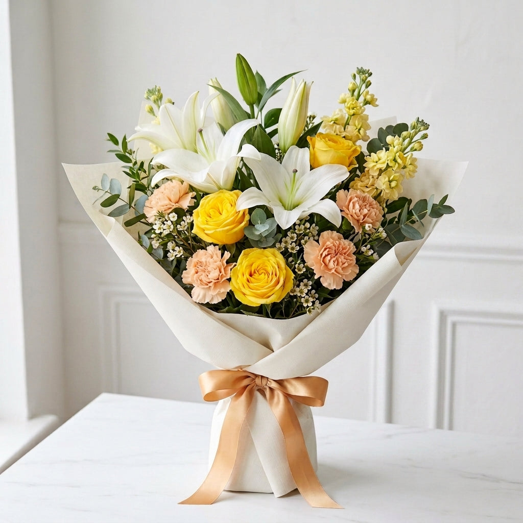 Graceful Islamic New Year Peach Carnations, Yellow Roses & White Lilies Arrangement