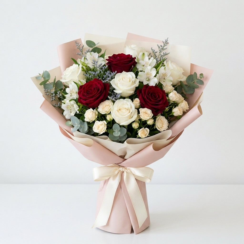 Luxurious Hijri New Year White Alstroemeria & Red White Roses Bouquet
