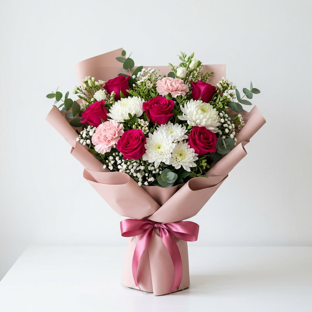 Women's Day Pink Roses & White Chrysanthemum Classic Bouquet