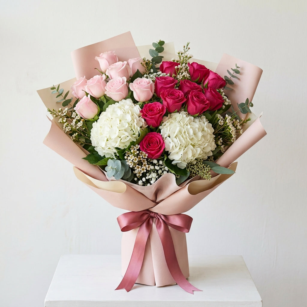 Women’s Day Pink Roses & White Hydrangeas Luxury Bouquet