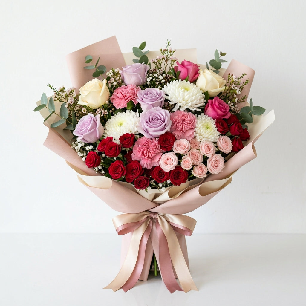 Islamic New Year White, Pink & Purple Roses with Baby Roses Bouquet