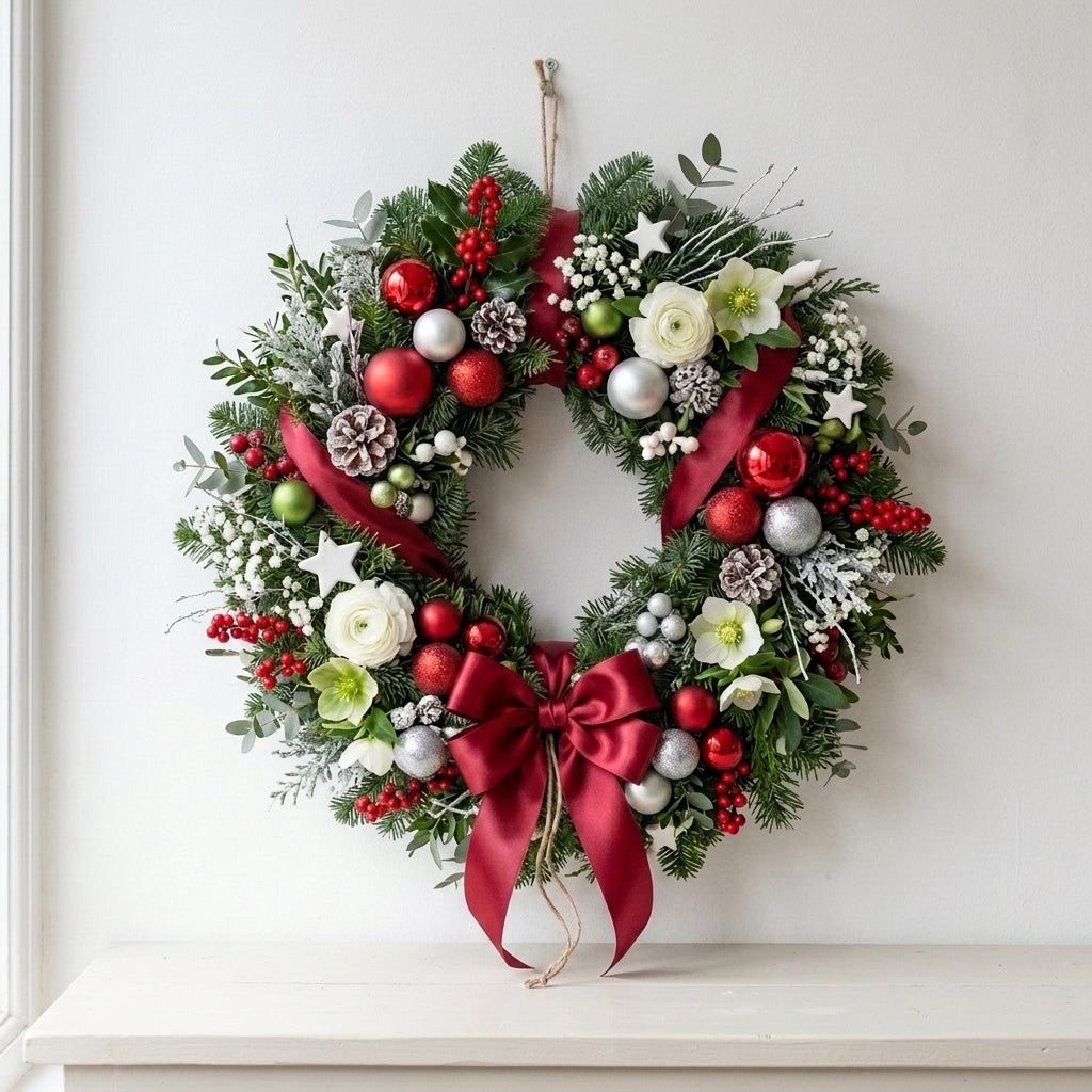 Splendid Christmas Holiday Wreath with Floral Accents & Red Bow