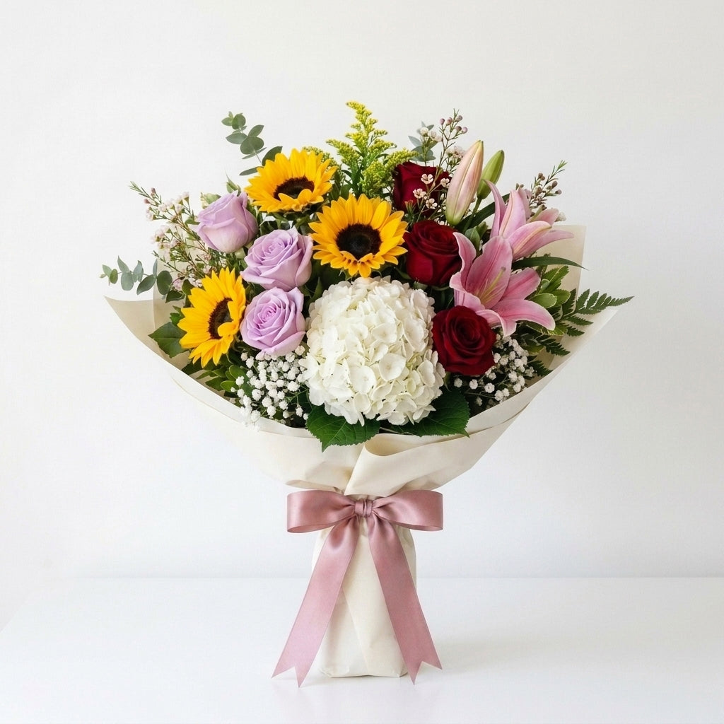 Housewarming Red & Purple Roses with Sunflower Bouquet