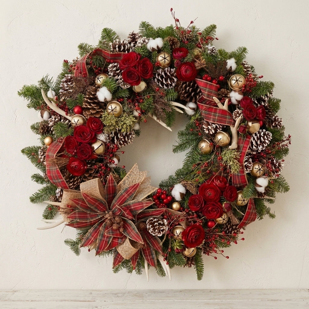 Parisian Christmas Wreath with Burgundy Roses & Festive Greenery